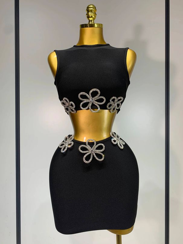 Women Celebrity Sexy Crytal Flower Black Mini Bandage Skirt Suit Knitted Elegant Evening Club Birthday Party Two Pieces Set Q3U1_ecoleips.com