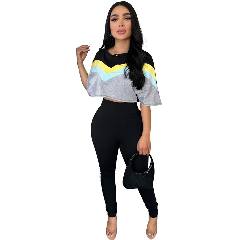 Women's Clothing CY902407 Women's Two-Tone Round Neck High-Waist Top And Shorts Casual Lounge Set_ecoleips.com