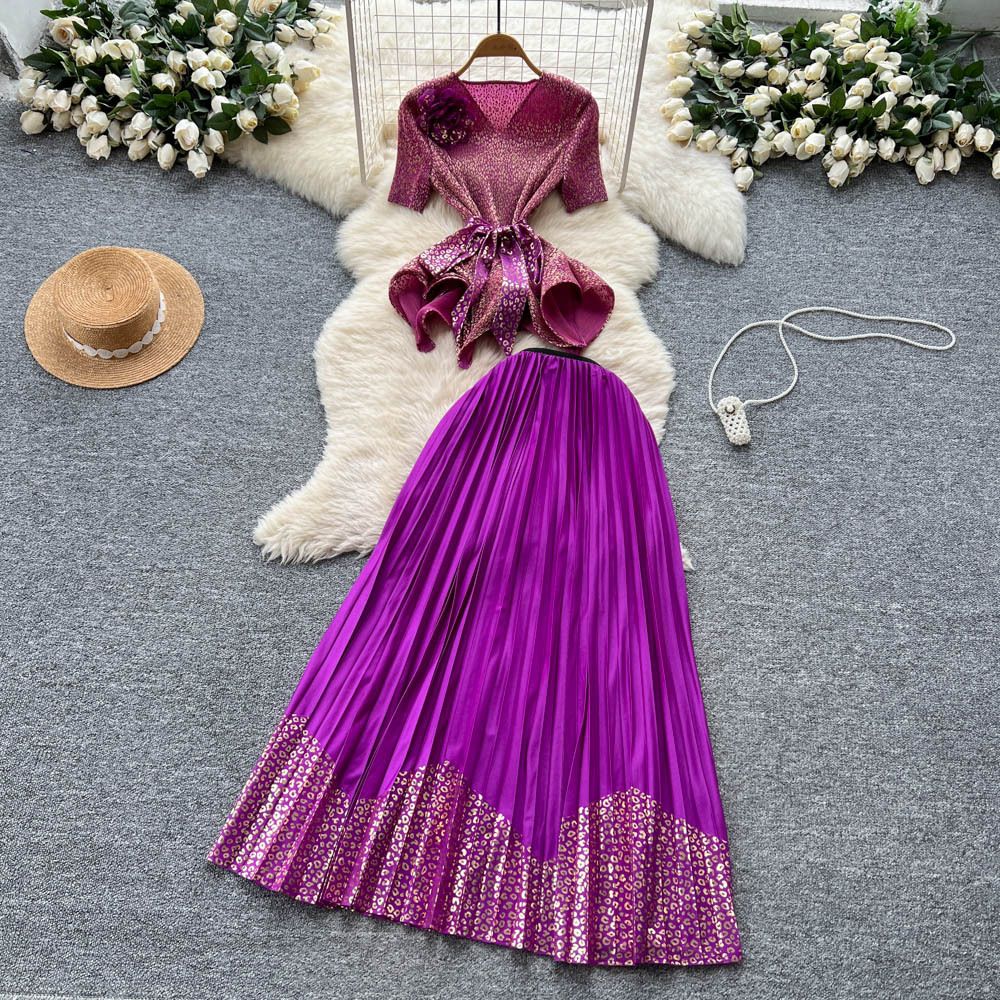 High End Women's Summer Suit Tie Waist Floral Top Ruffled Hem High Waisted Pleated Skirt Spring/Autumn Pant Set_ecoleips.com