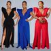 Women's solid color sexy V-neck pleated trousers jumpsuit_ecoleips.com