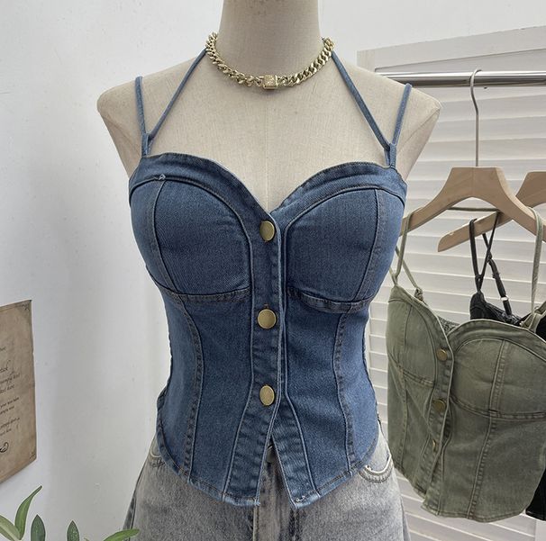 Women's Cowl Neck Padded Bralette Top Sexy Single Row Button Corset Crop Sleeveless Shirt_ecoleips.com