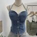 Women's Cowl Neck Padded Bralette Top Sexy Single Row Button Corset Crop Sleeveless Shirt_ecoleips.com
