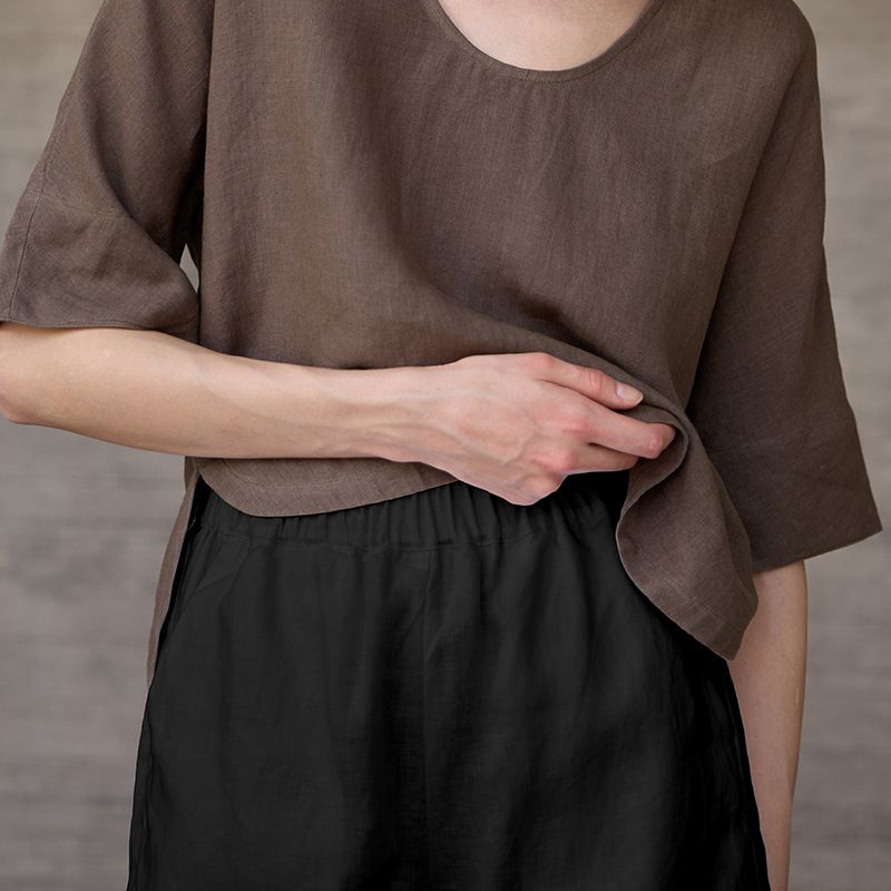 Women's Pure Linen Shorts Elastic Waist Solid Color Casual Pants Loose Fitting Spring Summer Old Fashioned Style Rolled up Hem_ecoleips.com