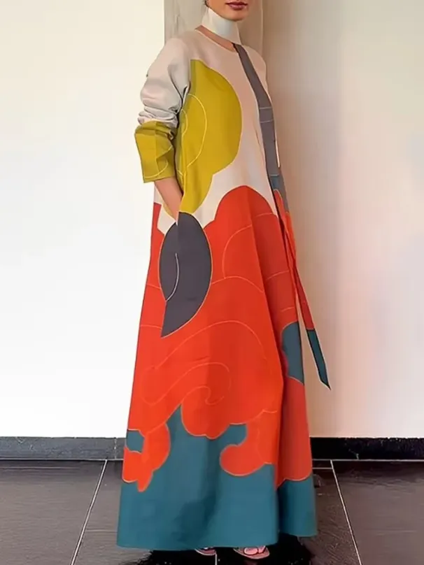 Freeacy 2025 Spring Stylish Dress For Women Contrast Color Long Sleeves Loose Fit Maxi Dress With Scarf Casual Party Dresses_ecoleips.com