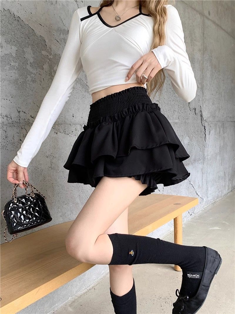 Black Pleated Midi Skirt For Women Summer Ballet Style Cake Skirt High-Waisted Slimming A-Line Bottoms_ecoleips.com