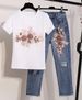 Women's Clothing Denim Suit Summer Beaded Embroidered Three Dimensional Flower Short Sleeved T Shirt Ripped Nine Point Jeans_ecoleips.com