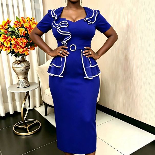 Women's Clothing Plus Size Patchwork Dress Ruffled Waist Short Sleeves Casual Elegant American Style Women's Summer Commuting Dress_ecoleips.com