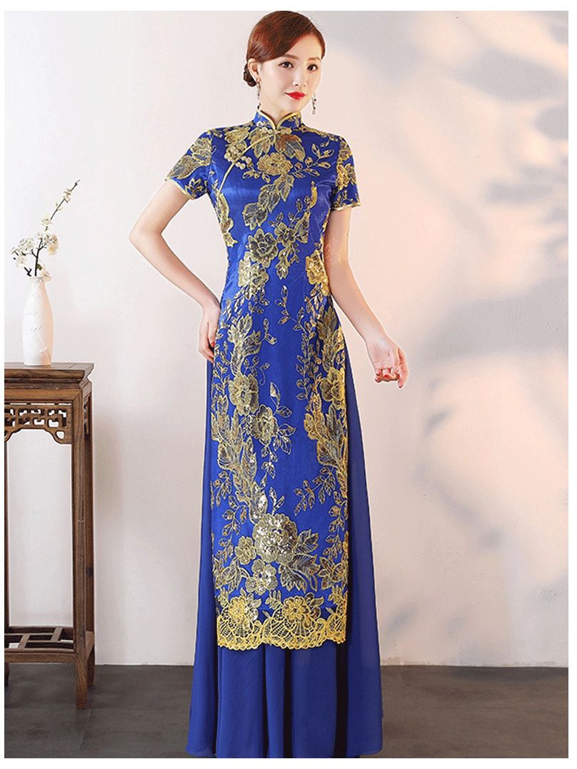 Elegant Vietnamese Ao Dai Dress With Lace & Sequins – Modern Cheongsam For Stage, Performance & Special Occasions_ecoleips.com
