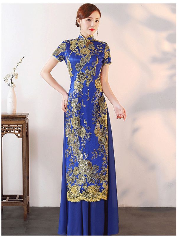 Elegant Vietnamese Ao Dai Dress With Lace & Sequins – Modern Cheongsam For Stage, Performance & Special Occasions_ecoleips.com
