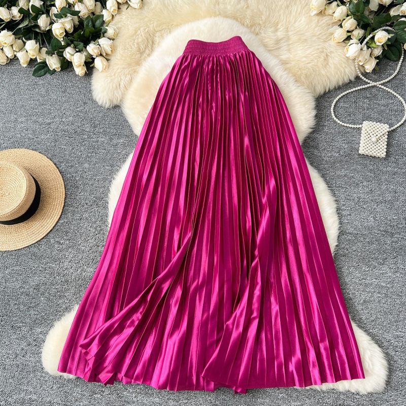 Women's Clothing High Grade Metallic Pleated Skirt Autumn And Winter Styles Fashionable Elastic Waist Elegant A Line Mid Length Skirt_ecoleips.com