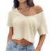 Voya Women's Simple And Sexy V-neck T-shirt With Spicy Girl Design Sense, Short Sleeved Top With Exposed Navel Design Sense_ecoleips.com
