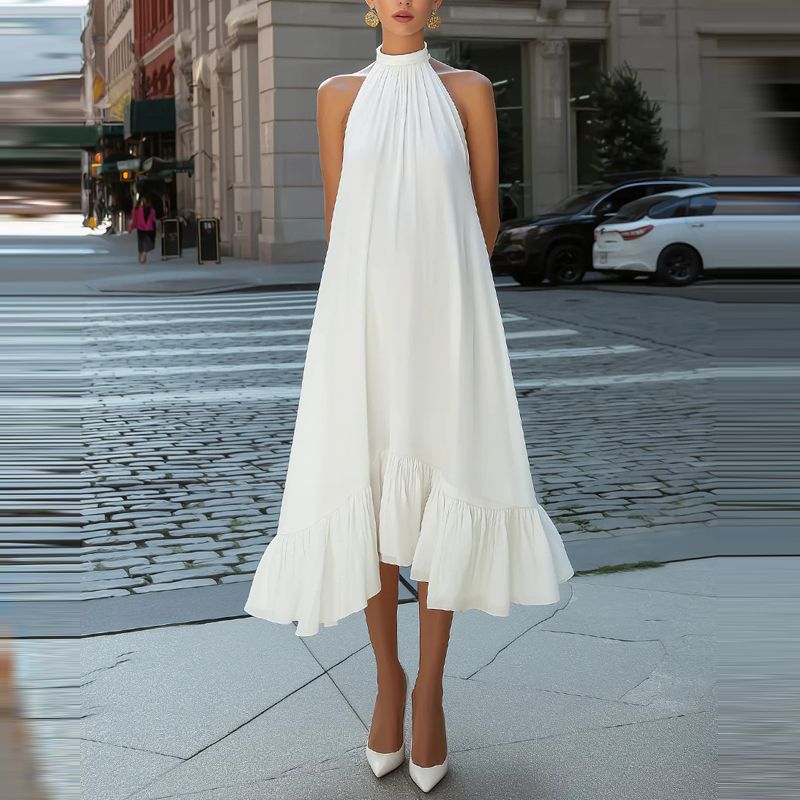 Summer Simple Solid Color Fluffy Dress Casual Hanging Neck Hollow Sleeveless Banquet Dress Vacation Pleated Loose Long Dresses_ecoleips.com