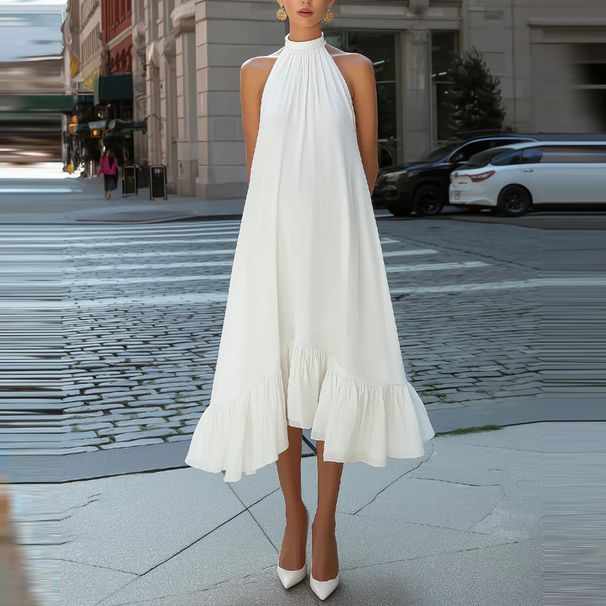 Summer Simple Solid Color Fluffy Dress Casual Hanging Neck Hollow Sleeveless Banquet Dress Vacation Pleated Loose Long Dresses_ecoleips.com