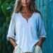 Women's Clothing Summer New Casual Loose Fashion Cotton And Linen Long Sleeved V Neck Solid Color Tops_ecoleips.com