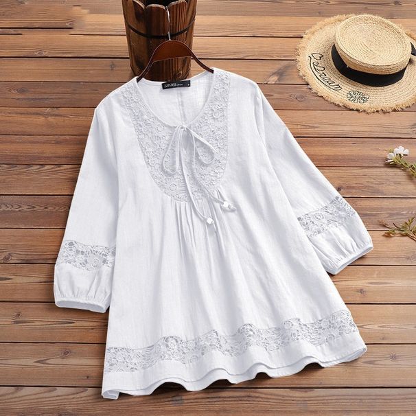 Elegant 3/4 Sleeve Blouse With Linen Blend & Lace Trim - Relaxed Fit Women's Top For Spring/Autumn_ecoleips.com