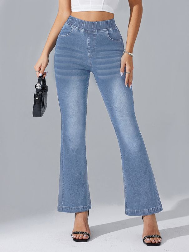 Women's Clothing Jeans Elastic Waist Stretch Washed Jeans Flared Pants_ecoleips.com