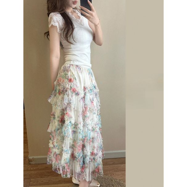 Boho Floral Print Mesh Tiered Skirt Set With Lace Trim & Beaded Knit Top Summer Cottagecore Outfit_ecoleips.com
