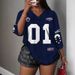 Retro Sports Jersey Women's V-Neck Short Sleeve T-Shirt - Oversized Letter Print Mesh Top (8 Color Options, Xs-6xl)_ecoleips.com