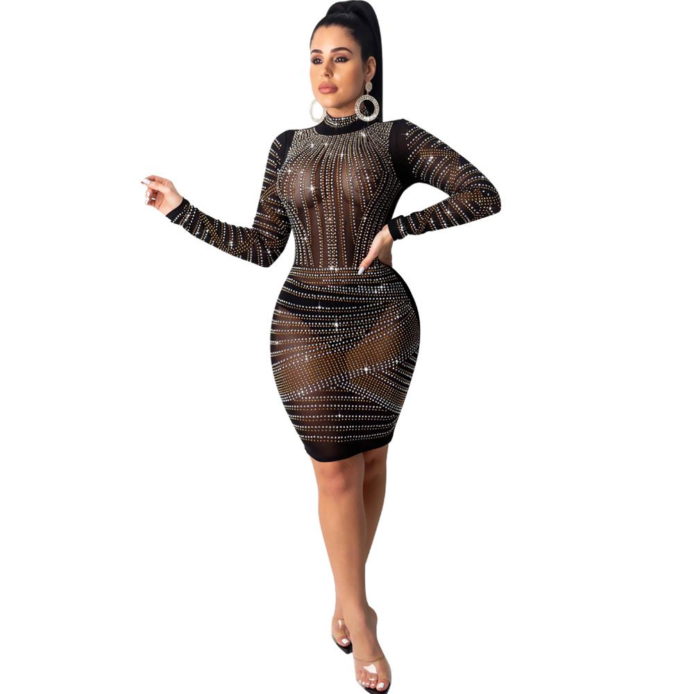 Women's Clothing Sexy Perspective Hot Diamond Long Sleeve Dress Nightclub_ecoleips.com