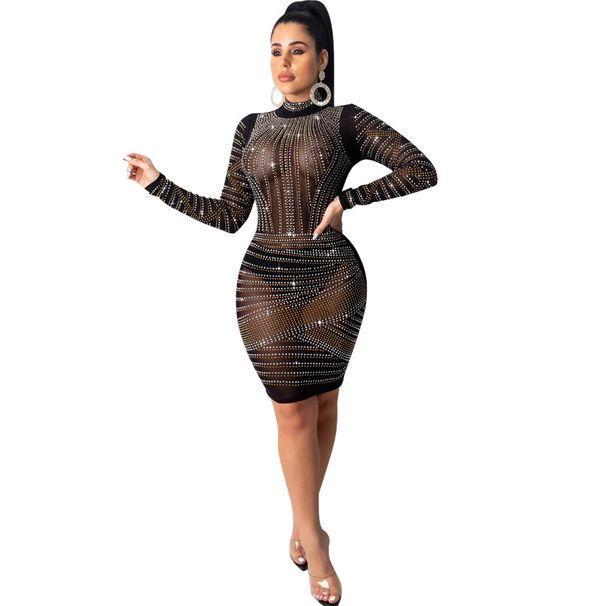 Women's Clothing Sexy Perspective Hot Diamond Long Sleeve Dress Nightclub_ecoleips.com