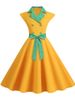 Notched Collar Vintage Solid Party Dresses Women Summer Sleeveless Belted Midi Swing Sundress_ecoleips.com