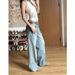 Women's American-style Washed Blue Straight-leg Jeans, New Autumn High-waisted Loose Slimming Distressed Wide-leg Pants_ecoleips.com