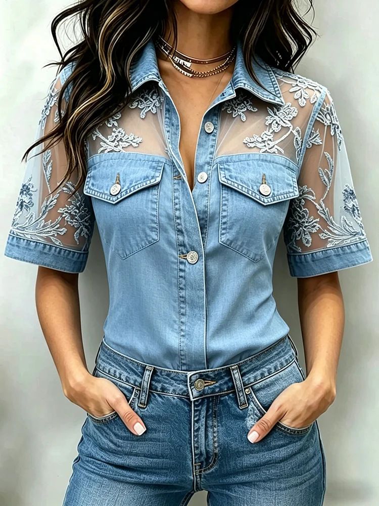 Women's Casual Loose Imitation Denim Patchwork Top With Turn Down Collar_ecoleips.com