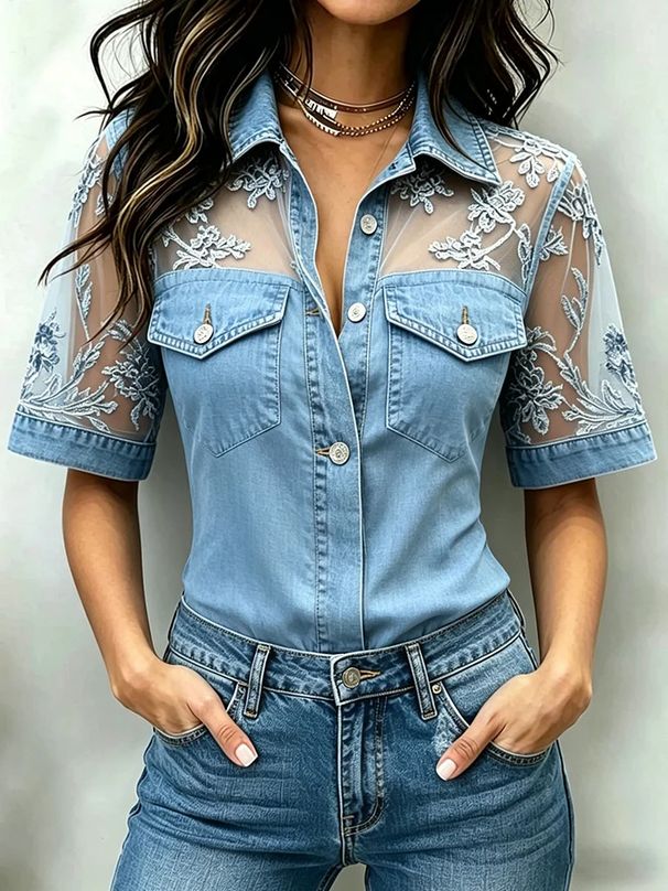 Women's Casual Loose Imitation Denim Patchwork Top With Turn Down Collar_ecoleips.com