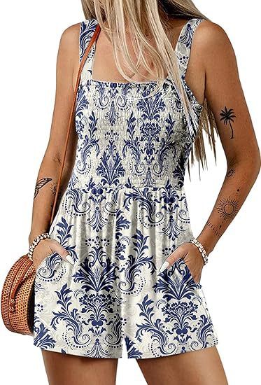 Women's Clothing Summer Casual Pleated Jumpsuit Square Neck Sleeveless Loose Shorts Beach Resort Wear_ecoleips.com