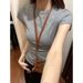 Front Shoulder Short Sleeve Women's Summer Slim Spice Girl Bottom Top Skinny Top Crew Neck Grey T-Shirt_ecoleips.com