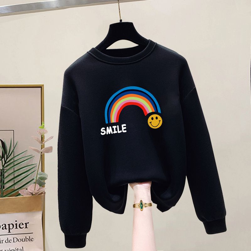Women's Loose Fit Fleece Lined Thickened Sweatshirt European American Style Autumn Winter New Rainbow Letter Pure Cotton Top_ecoleips.com