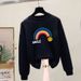 Women's Loose Fit Fleece Lined Thickened Sweatshirt European American Style Autumn Winter New Rainbow Letter Pure Cotton Top_ecoleips.com