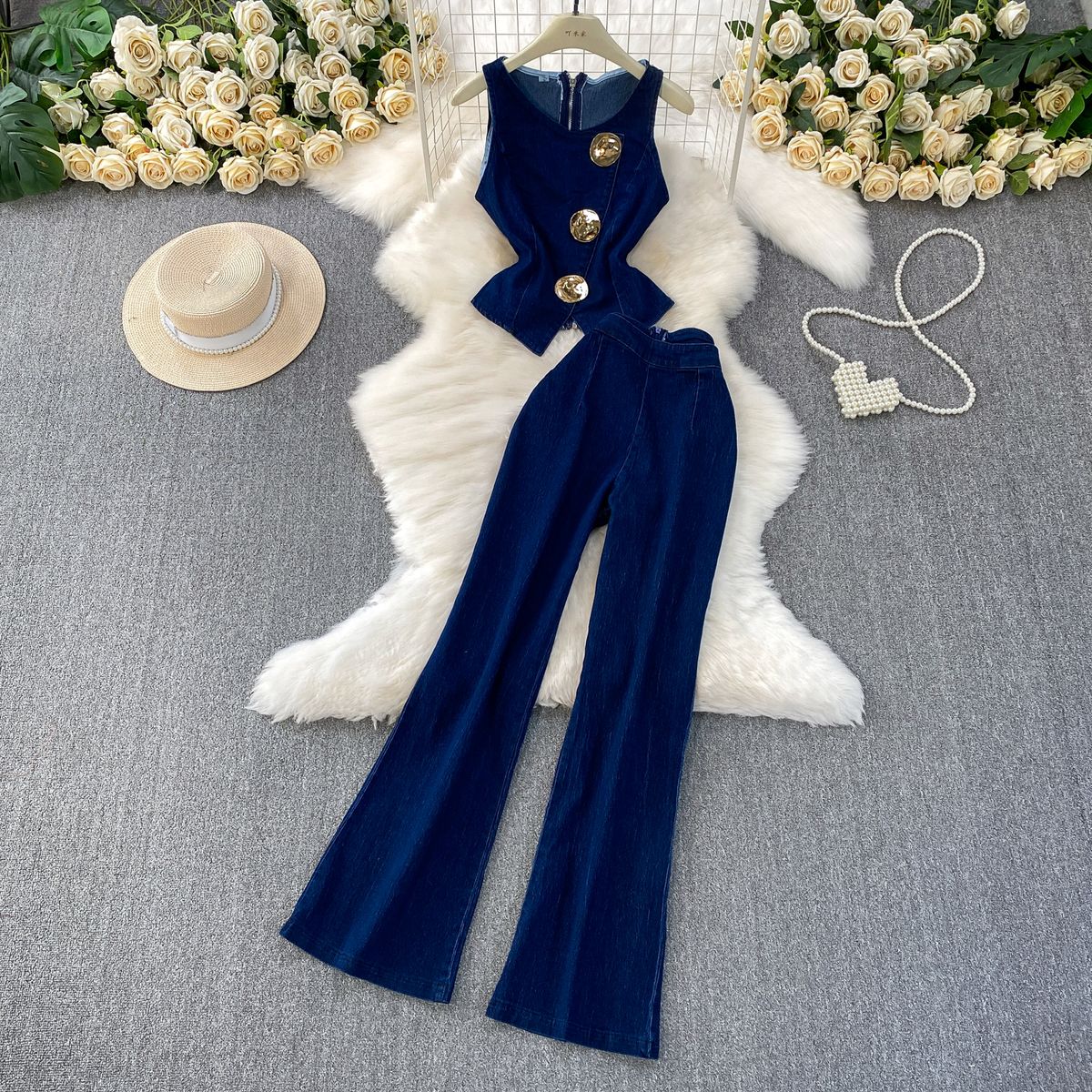 Women's Stylish Outfit Sleeveless Denim Vest High Waisted Wide Leg Pants Set Sophisticated Design round Neck Metal Buckles_ecoleips.com