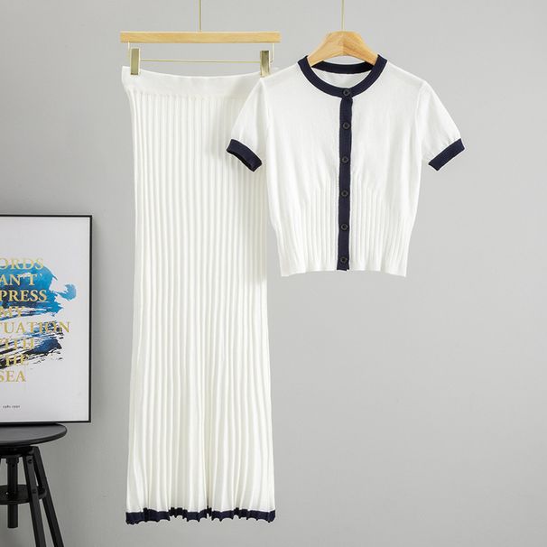 K New Style Slimming Short-sleeved Round Neck Cardigan For Women, A Fashionable Half-body Long Skirt Knitted Two-piece Set_ecoleips.com