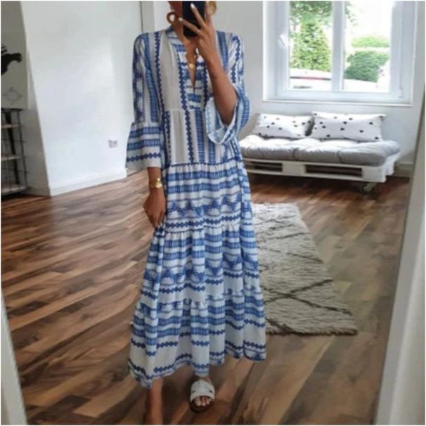 2025 Cross-Border European And American Spring/Summer New Women's Best-Selling Geometric Print Long Dress, Bohemian_ecoleips.com