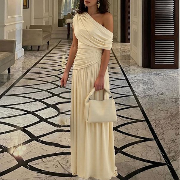 Women Fashion Hight Waist Pleat Solid Party Dress Summer Sexy Sleeveless Slim Maxi Dress Elegant Slant Neck Irregular Long Dress_ecoleips.com