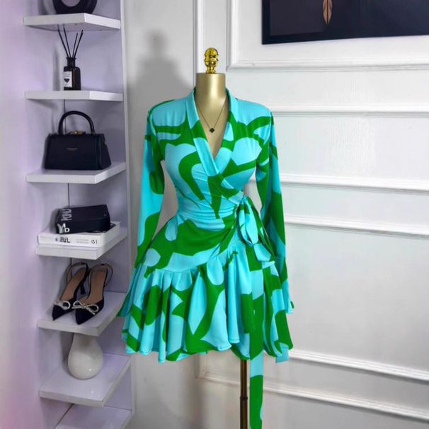 Women's Clothing American Style Dress Long Sleeve Sweet Floral Pleated Skirt Suit Collar Belt_ecoleips.com