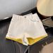 Women's Clothing Dopamine Lemon Yellow Denim Shorts Summer Design Contrast Color A Line Wide Leg Hot Pants_ecoleips.com