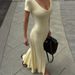 TARUXY Spring Summer Short-Sleeved Knitted Dress Women Solid V-Neck Slit Long Dress Slim Sexy Commuting Leisure Dress Female New_ecoleips.com