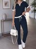Women's Casual Short Sleeve V-Neck Top With Drawstring Straight Leg Pants Set, Summer Two-Piece Outfit, Comfortable Loungewear And Daily Wear_ecoleips.com