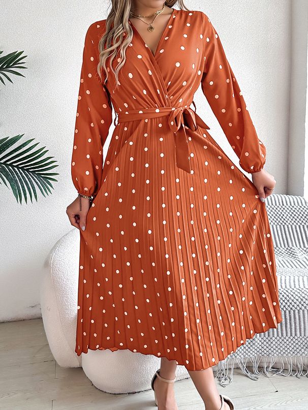 Women's Clothing Autumn And Winter Elegant Contrast Color Polka Dot Cross V Neck Pleated Long Skirt_ecoleips.com