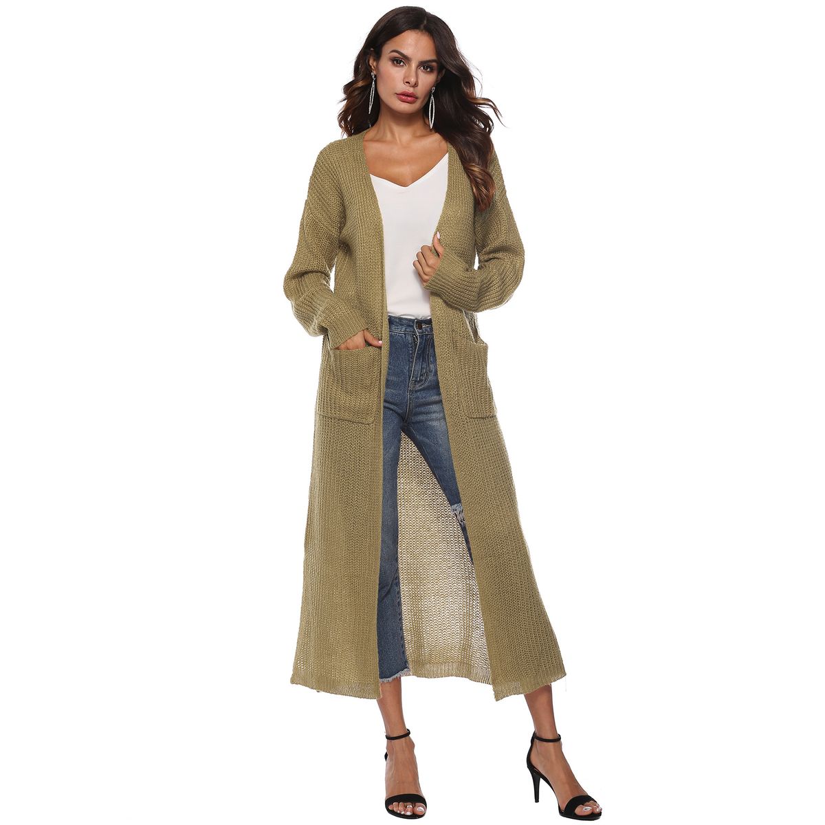 Women's European American Style Long Thin Cardigan Sweater With Large Pockets Wool Material Multi-Color Slit Design A8019_ecoleips.com