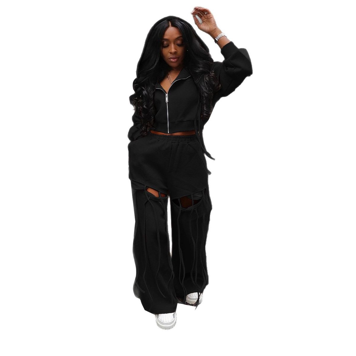 Women's Clothing Casual Commuter Hooded Zipper Sweatshirt Two Piece Set Wide Leg Hole Personality For Formal & Casual_ecoleips.com
