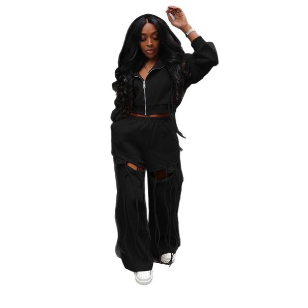Women's Clothing Casual Commuter Hooded Zipper Sweatshirt Two Piece Set Wide Leg Hole Personality For Formal & Casual_ecoleips.com