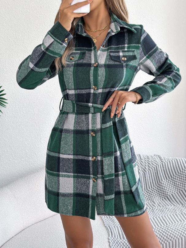 Women's Plaid Faux Woolen Shirt Dress Autumn Winter Casual Long Sleeved Color Block Tie Waist_ecoleips.com