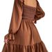 Spring/Summer European And American Square Neck Pleated Dress With Ruffled Hem_ecoleips.com