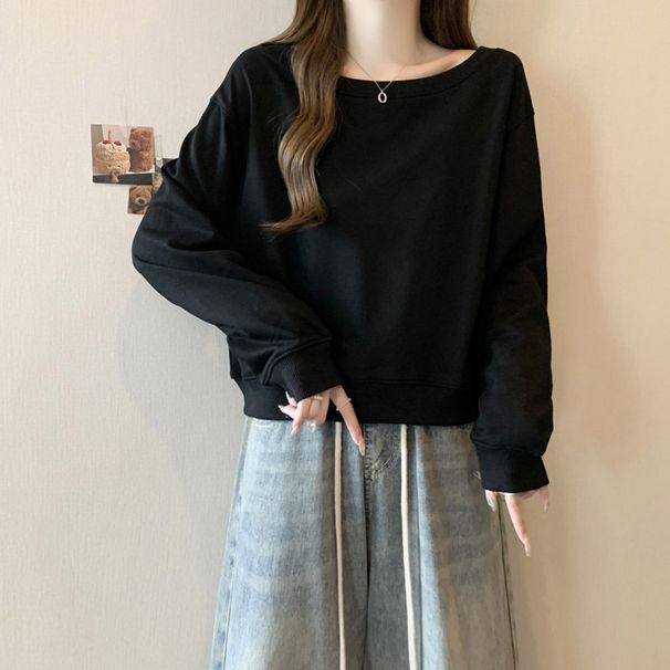 European American Style Solid Color Hoodless Long-sleeve Sweatshirt Women, Loose Slimming, Thin, One-shoulder Short Top_ecoleips.com