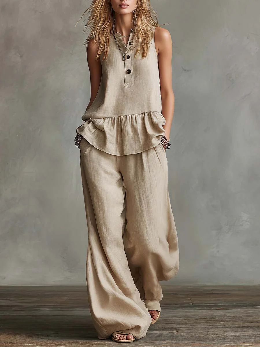 Women's 2 Piece Set Solid Color Round Neck Sleeveless Casual Loose Top High Waisted Wide Leg Pants_ecoleips.com