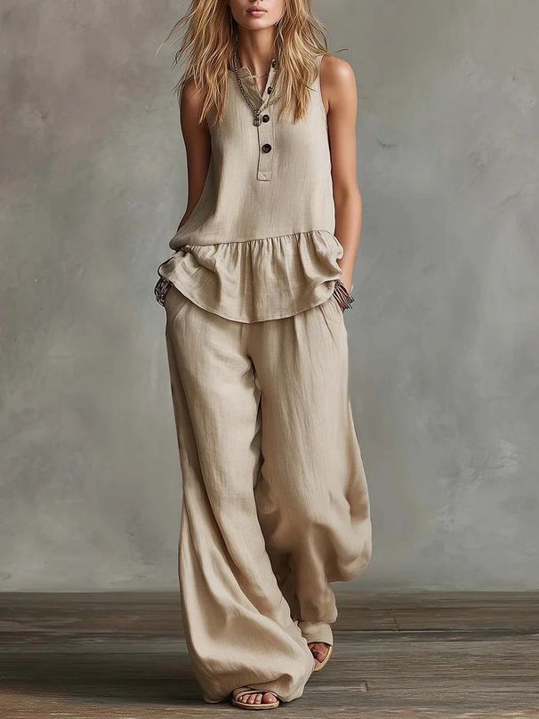 Women's 2 Piece Set Solid Color Round Neck Sleeveless Casual Loose Top High Waisted Wide Leg Pants_ecoleips.com