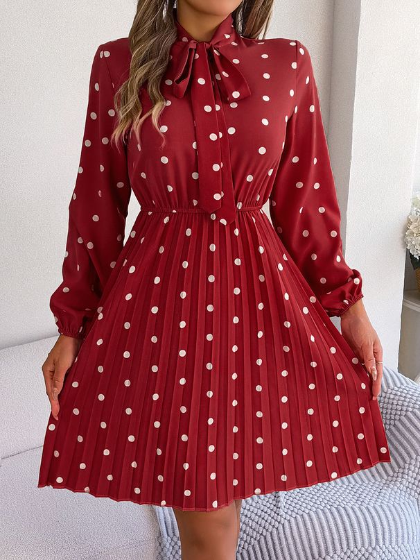 Real Shot Of 2026 Spring/summer European And American Style Polka Dot Tie-waist Long-sleeve Pleated Dress_ecoleips.com